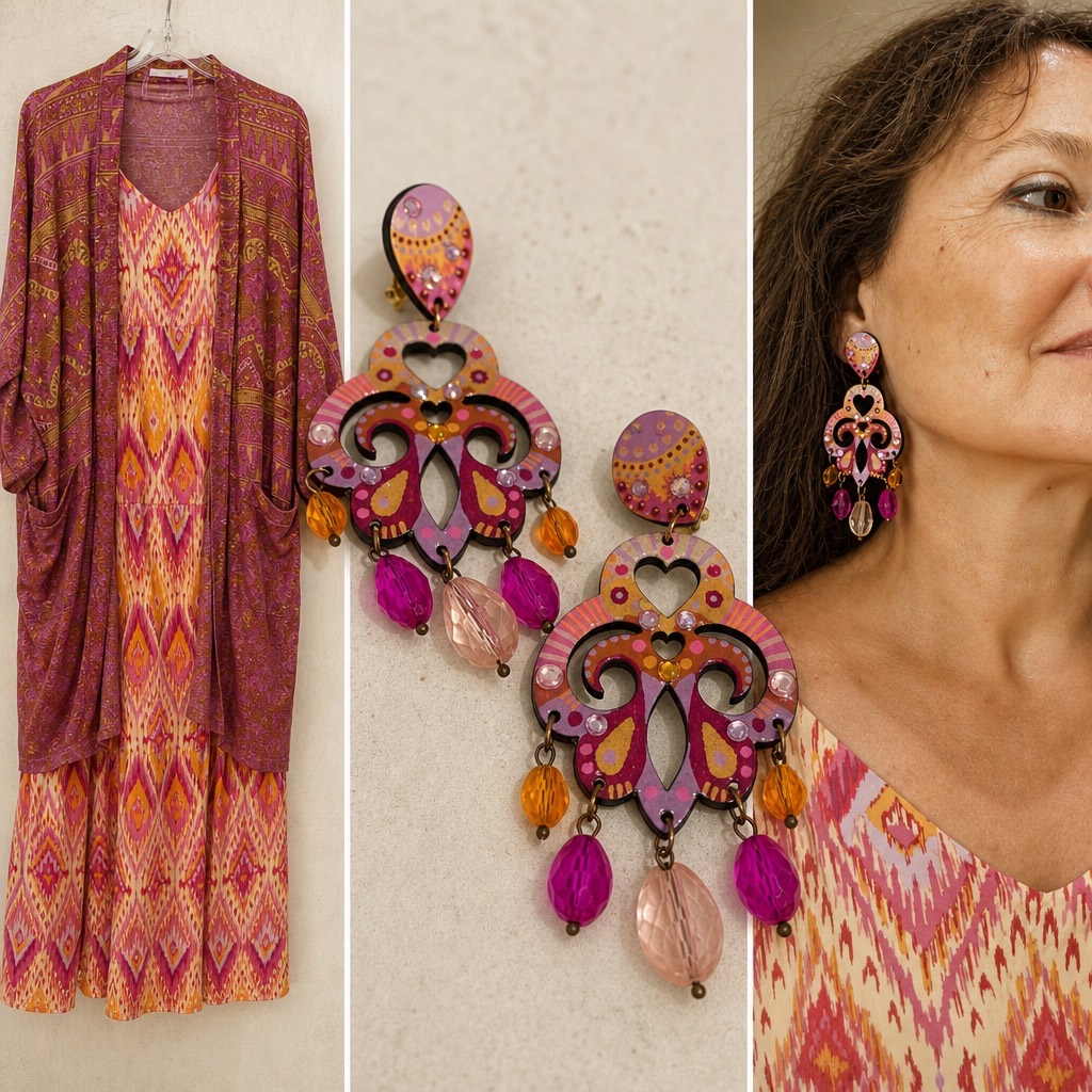 De la tenue aux boucles : une robe ikat rose et orange, la paire peinte sur mesure, puis portée.
