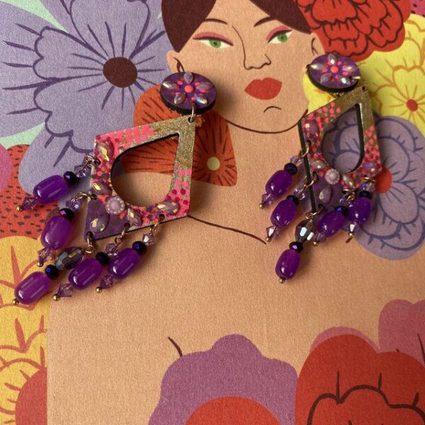 Boucles d'oreilles uniques n°021 en bois recyclé peintes à la main, Rose, Violet, vue 1