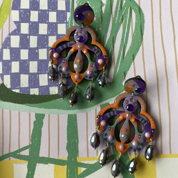 Boucles d'oreilles uniques n°091 en bois recyclé peintes à la main, Orange, Violet