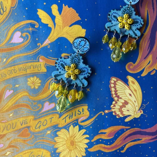 Boucles d'oreilles uniques n°096 en bois recyclé peintes à la main, Jaune, Bleu