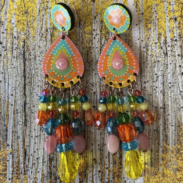 Boucles d'oreilles uniques n°104 en bois recyclé peintes à la main, Orange, Jaune, Vert