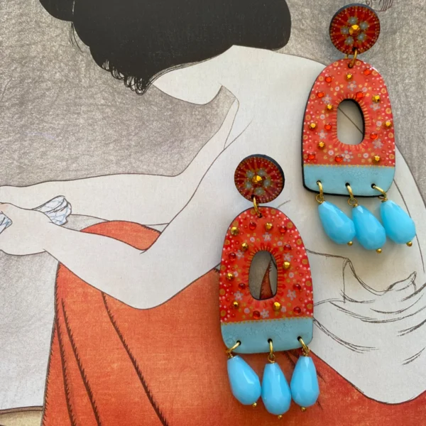 Boucles d'oreilles uniques n°124 en bois recyclé peintes à la main, Rouge, Bleu