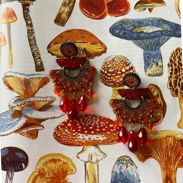 Boucles d'oreilles uniques n°146 en bois recyclé peintes à la main, Rouge, Orange