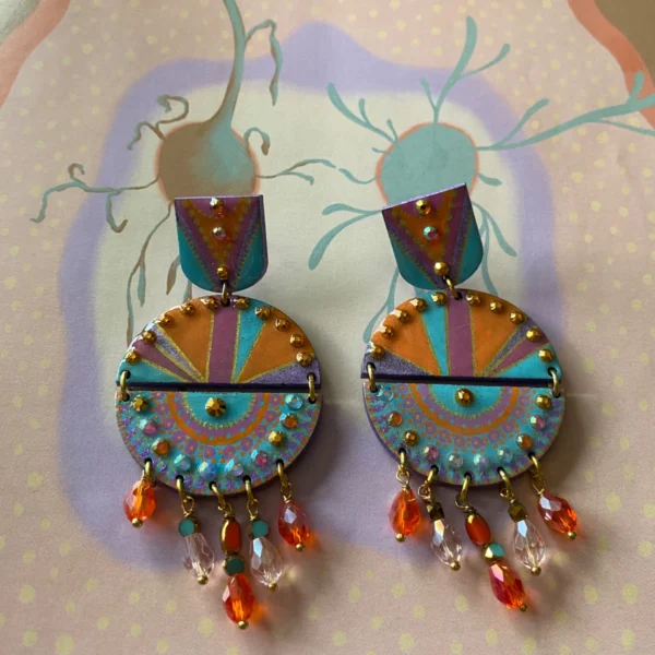 Boucles d'oreilles uniques n°140 en bois recyclé peintes à la main, Orange, Bleu, Violet